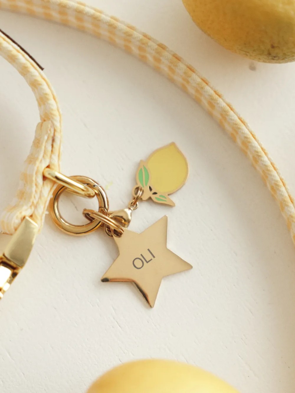 lemon dog charm with gold detail on a gingham leash