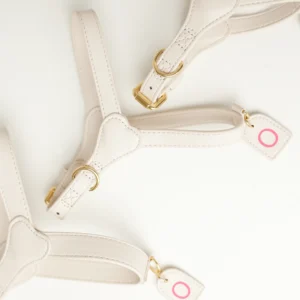 White personalised dog harnesses with pink initial tags