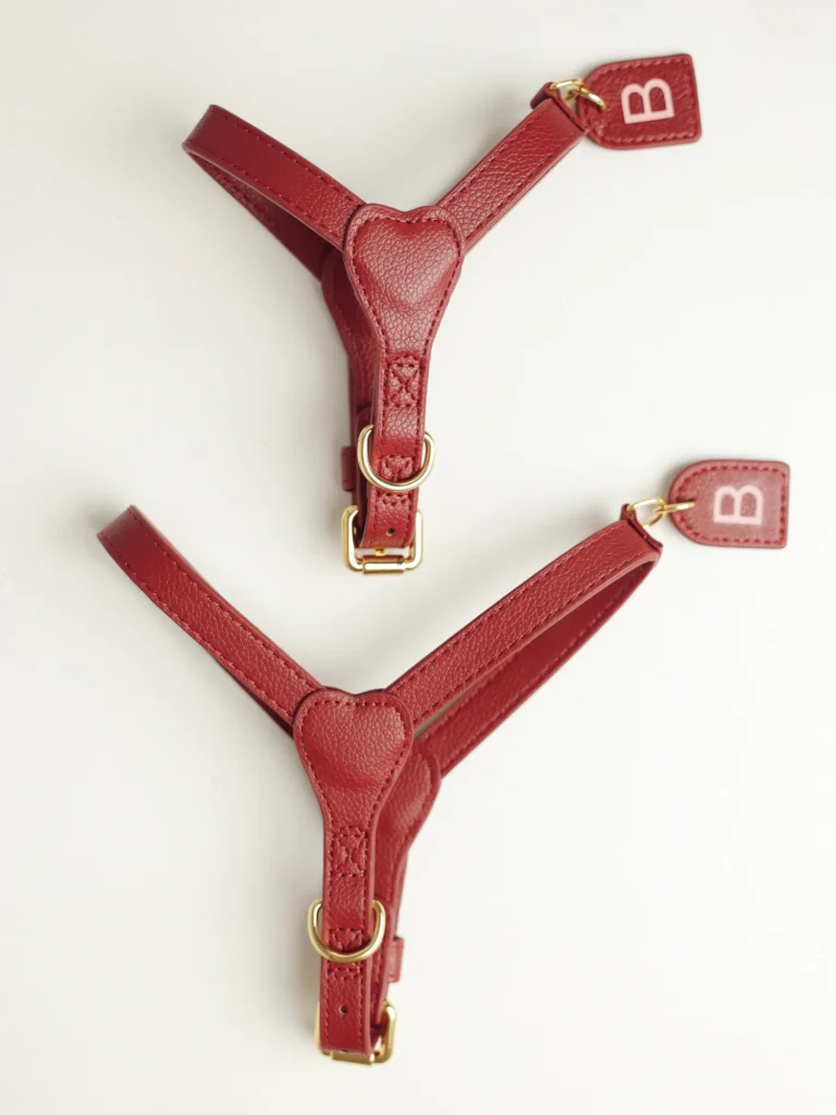Two burgundy personalised dog harnesses with initial tags