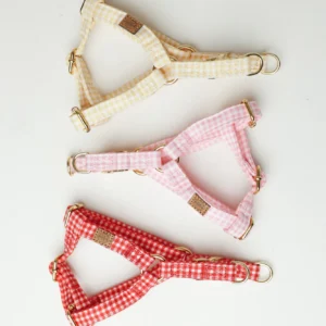 Vichy gingham dog harnesses in yellow, pink and red with gold-tone hardware