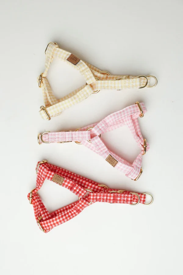 Vichy gingham dog harnesses in yellow, pink and red with gold-tone hardware