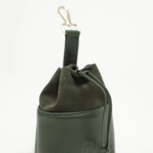 Dark Green leather treat bag with suede drawstring top, embossed logo and clip