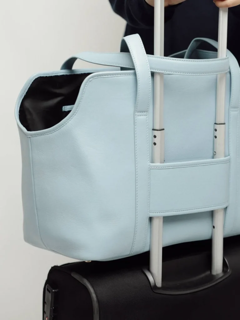 Back of the Sky Blue leather dog carrier with the luggage strap around a suitcase handle