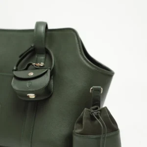 Dark Green leather dog carrier with the matching poop bag holder and treat bag