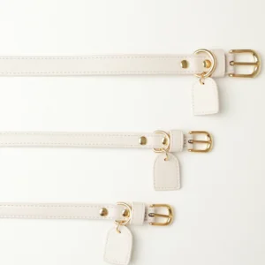 White personalised dog collars in three sizes with gold-tone buckles and leather tags