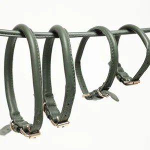 The four sizes of the Dark Green round leather dog collar, XS to L