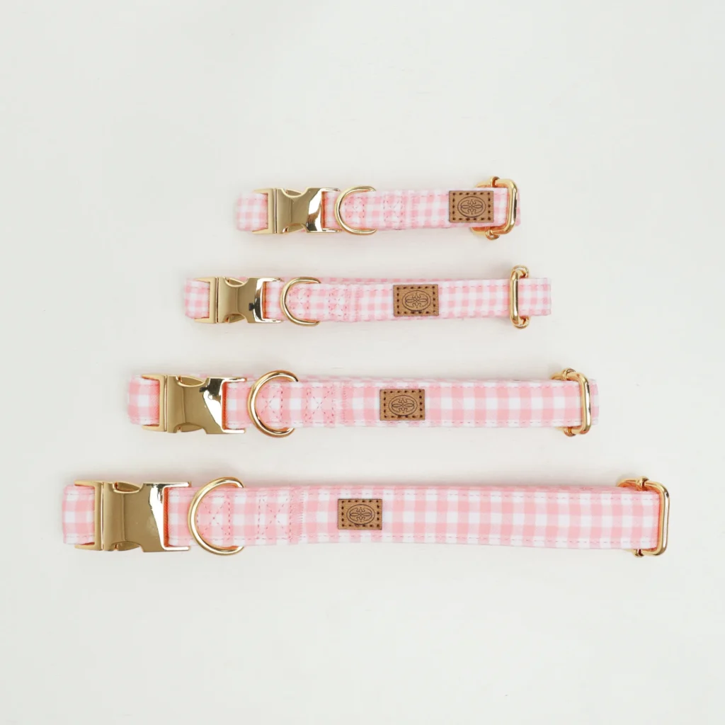 Pink Vichy gingham dog collars in four sizes, from XS to L