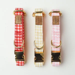 Vichy gingham dog collars in red, yellow and pink with gold-tone buckles