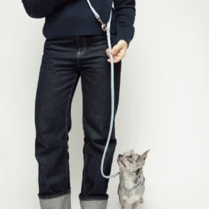 Sky Blue adjustable round leather leash worn across the body for hands-free walks