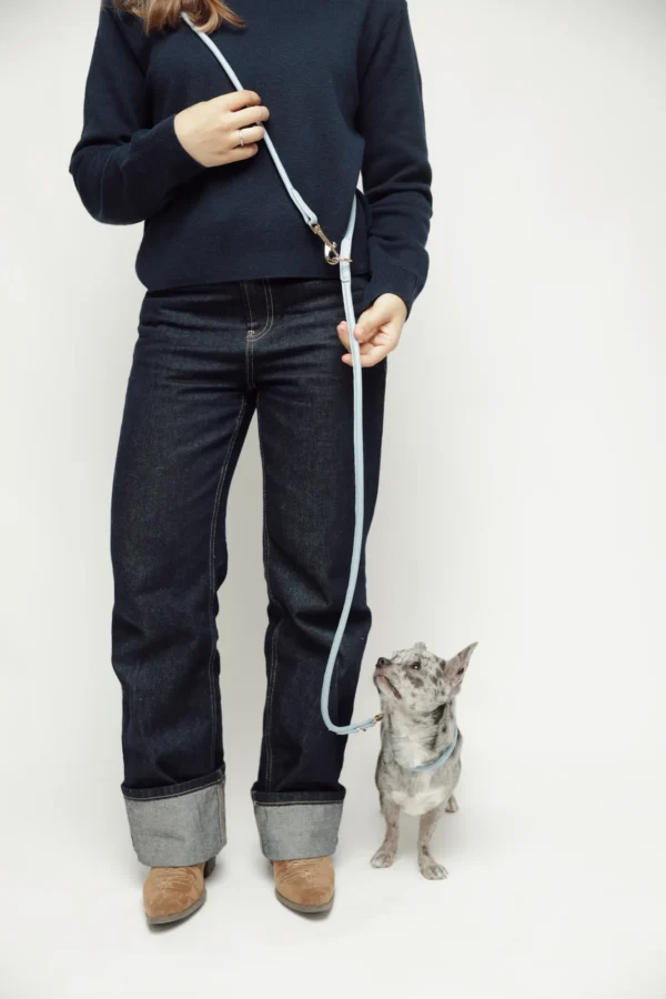 Sky Blue adjustable round leather leash worn across the body for hands-free walks