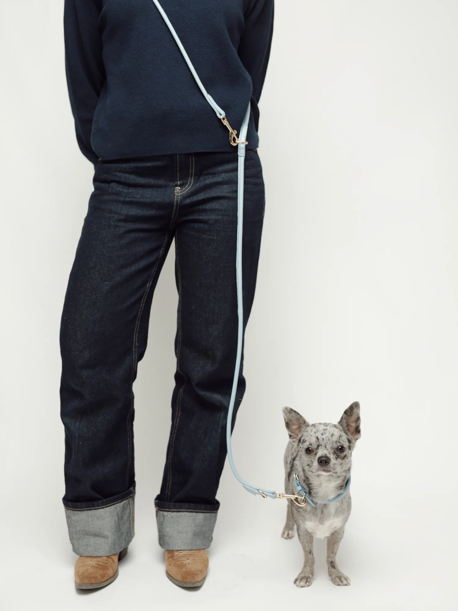Hands-free walk with the Sky Blue adjustable round leather leash and collar