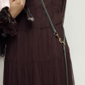 Dark Green adjustable round leather leash worn across the body for hands-free walks