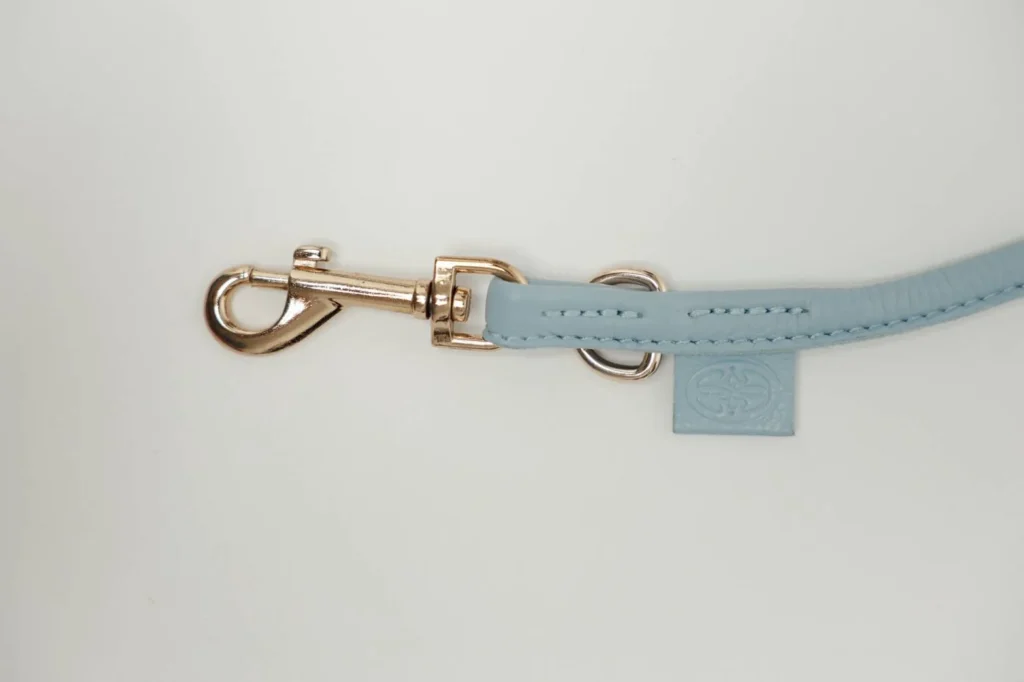 Gold swivel clip, D-ring and embossed leather tag of the Sky Blue round leather leash