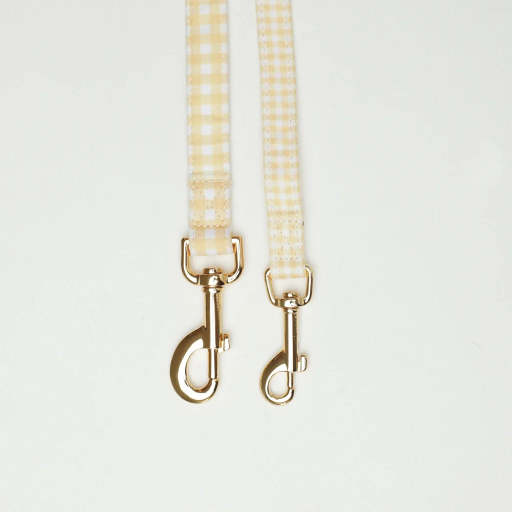 Yellow Vichy gingham dog leashes in two widths, S and M, with gold-tone clips