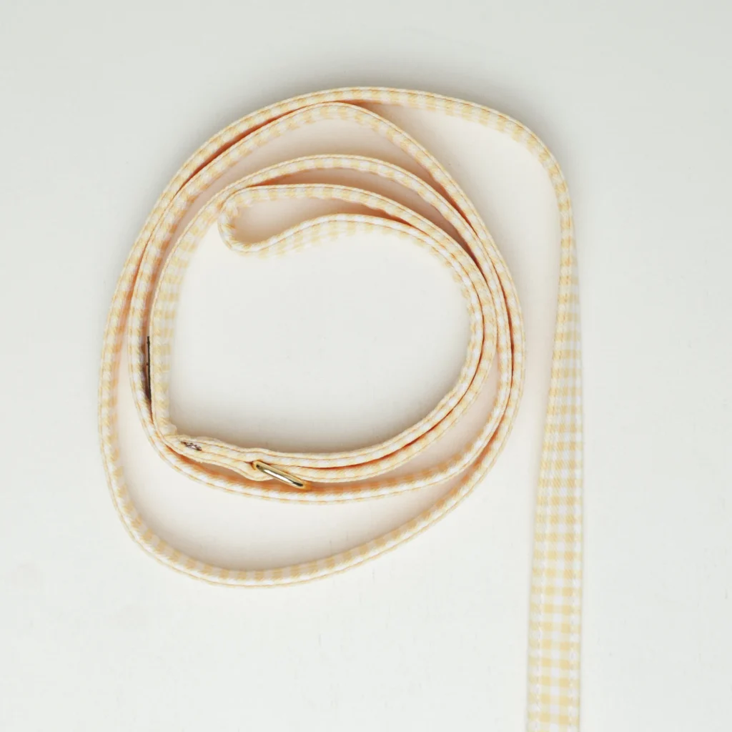 Yellow Vichy gingham dog leash coiled on a white background
