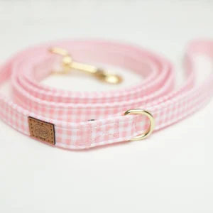 Pink Vichy gingham dog leash with a leather Oliva logo and gold-tone D-ring