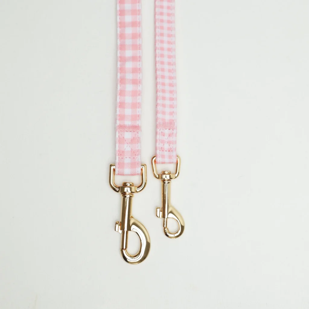 Pink Vichy gingham dog leashes in two widths, S and M, with gold-tone clips