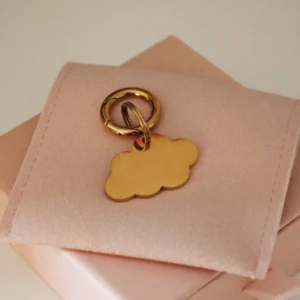 Placa identificativa dorada para perro en forma de nube, personalizada y grabada con láser, con anilla dorada sobre una funda rosa palo
