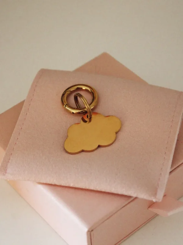 Gold personalized laser-engraved dog ID tag in a cloud shape with a gold-tone ring on a pale pink pouch