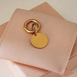 Small round gold personalized laser-engraved dog ID tag with a gold-tone ring on a pale pink pouch