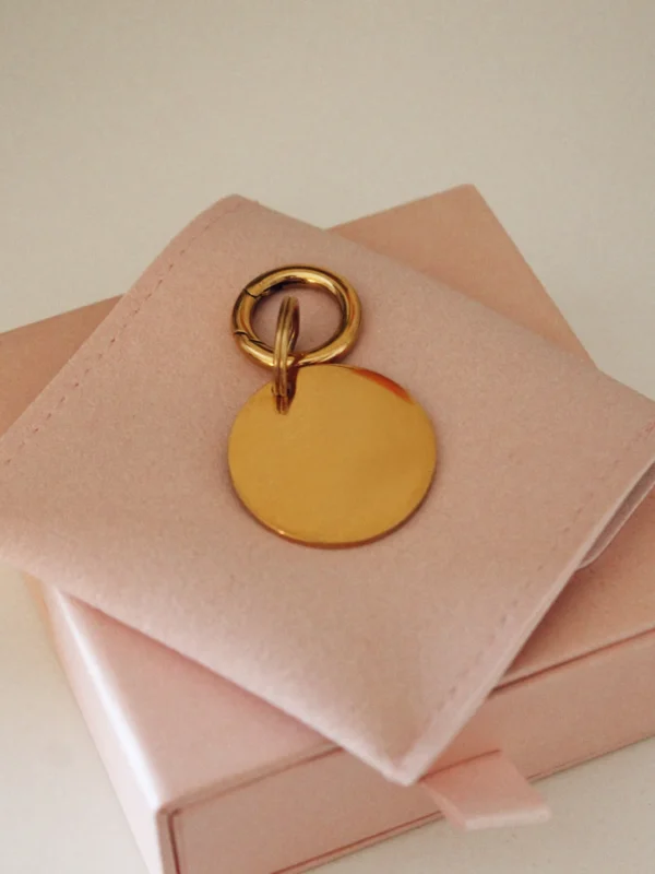 Large round gold personalized laser-engraved dog ID tag with a gold-tone ring on a pale pink pouch