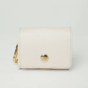 White poop bag holder with a gold-tone clasp and the Oliva press stud
