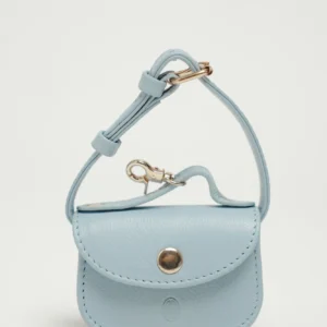 Sky Blue leather poop bag holder with press-stud flap, embossed logo and clip strap