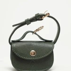 Dark Green leather poop bag holder with press-stud flap, embossed logo and clip strap